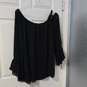 Cato Black Ruffled Asymmetrical 3/4 Sleeve Blouse